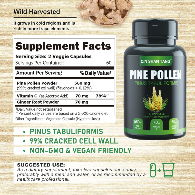 [Australia] - Pine Pollen Supplement wtih Ginger Root and Vitamin C, 99% Cracked Cell Wall,120 Veggie Capsules 