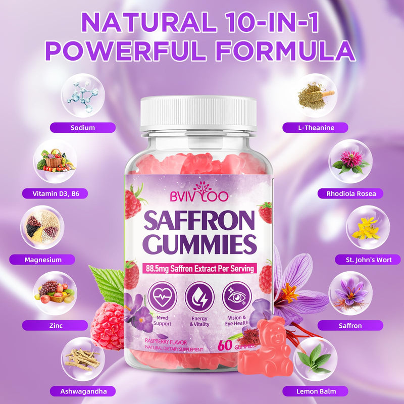 Saffron Gummies for Adult Kids, 10-IN-1 Formula with Saffron 88.5mg, Vitamins D3 & B6, Magnesium, Zinc, Ashwagandha, L-Theanine, St. John's Wort - Supports Mood & Focus, Raspberry Flavor, 120 Count 2-pack