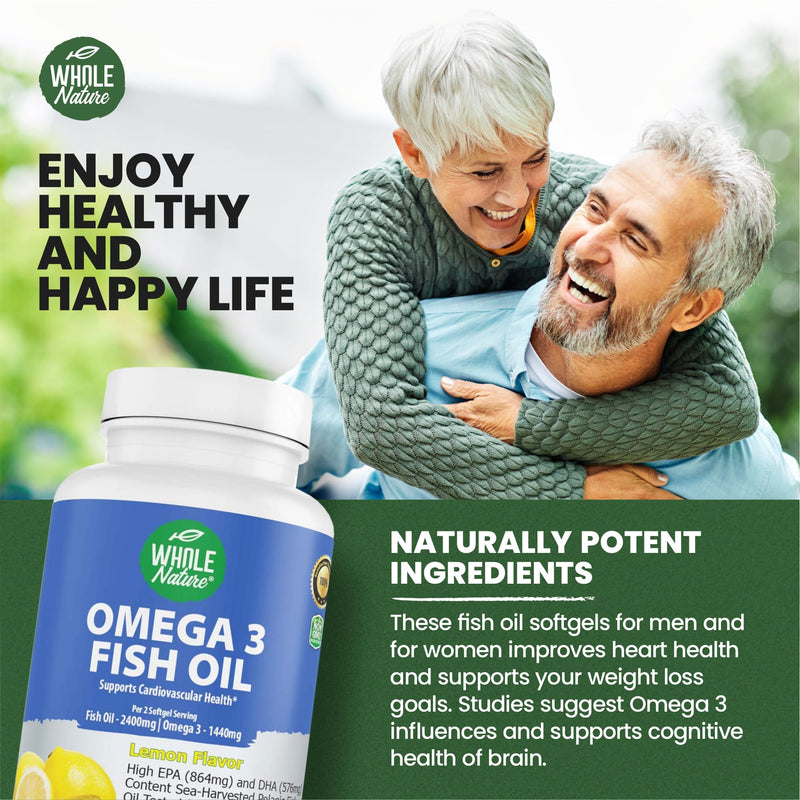 Omega 3 Fish Oil Supplements, Maximum Strength 2400 mg Omega-3, 1440mg Fish Oil, EPA DHA Fatty Acids, Heart Health, Vision, Eye, Brain, Immune Support for Women & Men. Natural Lemon Flavor, 60 ct (1) 1