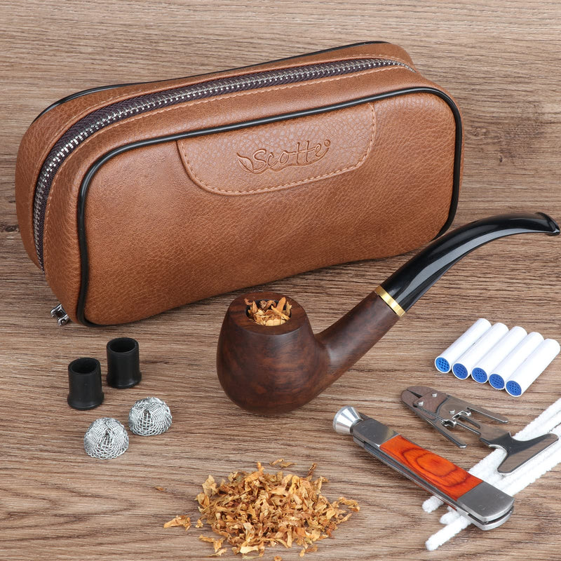 [Australia] - Scotte PU Leather Tobacco Smoking Wood Pipe Pouch case/Bag for 2 Tobacco Pipe and Other Accessories(Does not Include Pipes and Accessories) Brown 