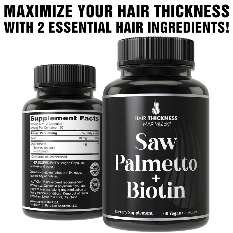 [Australia] - Saw Palmetto + Biotin Advanced 2-in-1 Combo for Hair Growth. Vegan Capsules Supplement with Natural Saw Palmetto Extract + 10000mcg Biotin. Hair Loss and Regrowth Pills for Men and Women. DHT Blocker 
