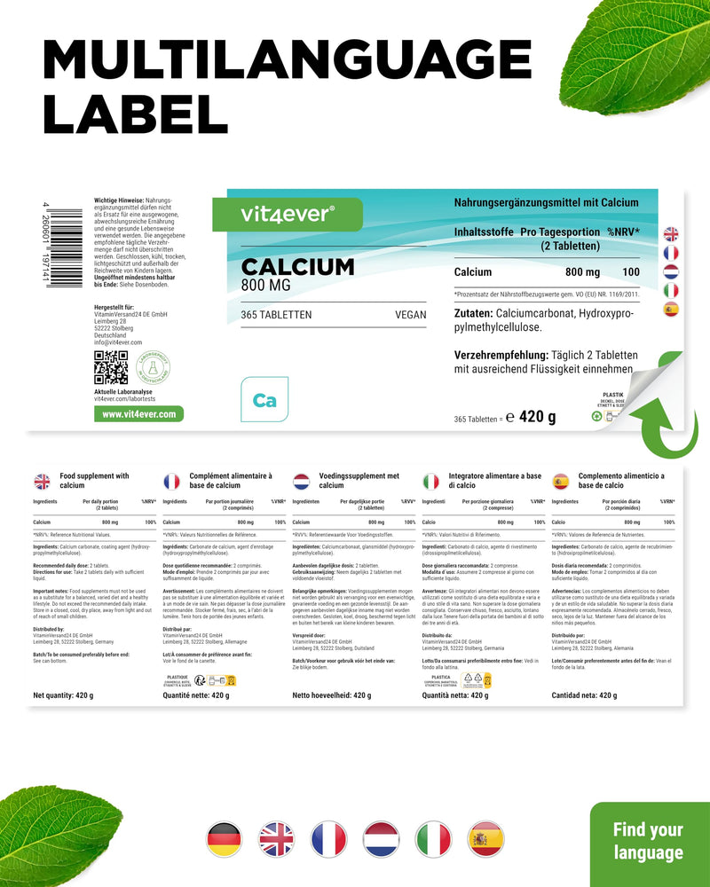 [Australia] - Calcium - 365 tablets - 800 mg calcium from calcium carbonate per daily serving - For 6 months - Vegan, laboratory tested, high dosage & without unwanted additives 420 g (pack of 1) 