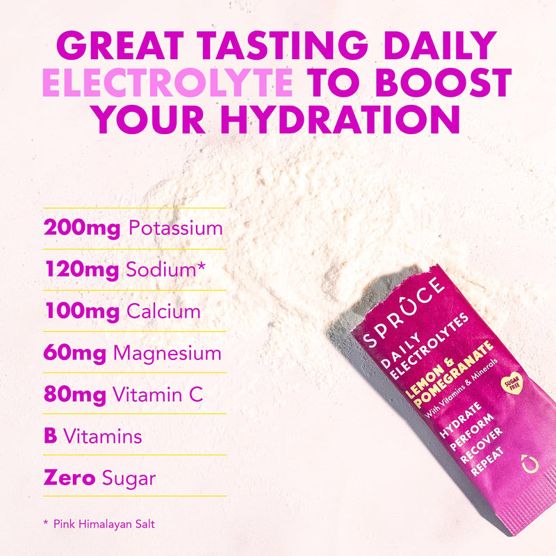 Spruce Daily Electrolytes – Zero Sugar Hydration Sachets with Potassium, Sodium, Magnesium, Vitamins & Minerals for Rehydration & Recovery – Lemon & Pomegranate – 28 Sachets Pack of 28