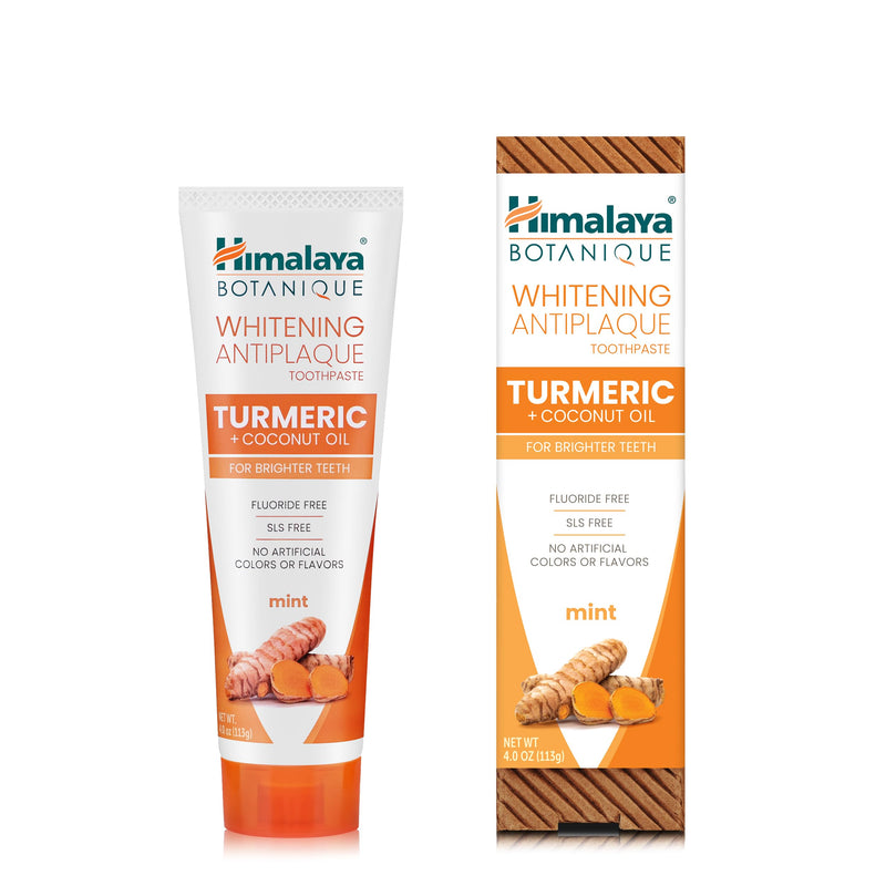 Himalaya Botanique Turmeric & Coconut Oil Whitening Antiplaque Herbal Toothpaste, Whitens Teeth, Fluoride Free, No Artificial Flavors, SLS Free, Vegan, Cruelty Free, Foaming, Mint Flavor, 4 Oz, 2 Pack 4 Ounce (Pack of 2)