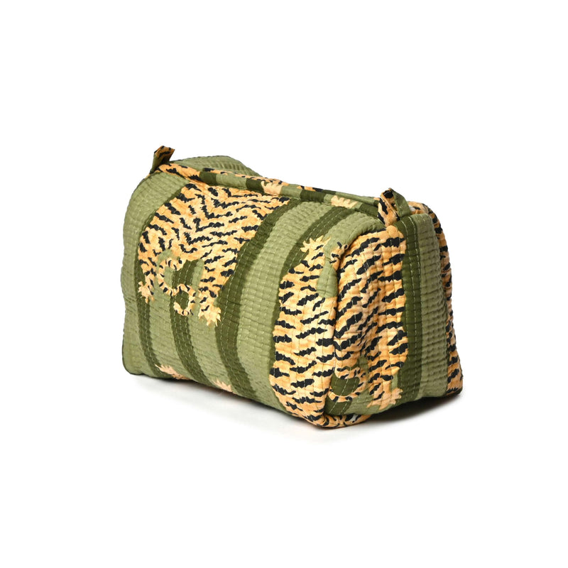 Quilted Cotton Travel Pouch – Handcrafted Cosmetic Bag with Jungle Print Green&beige 9X5X5