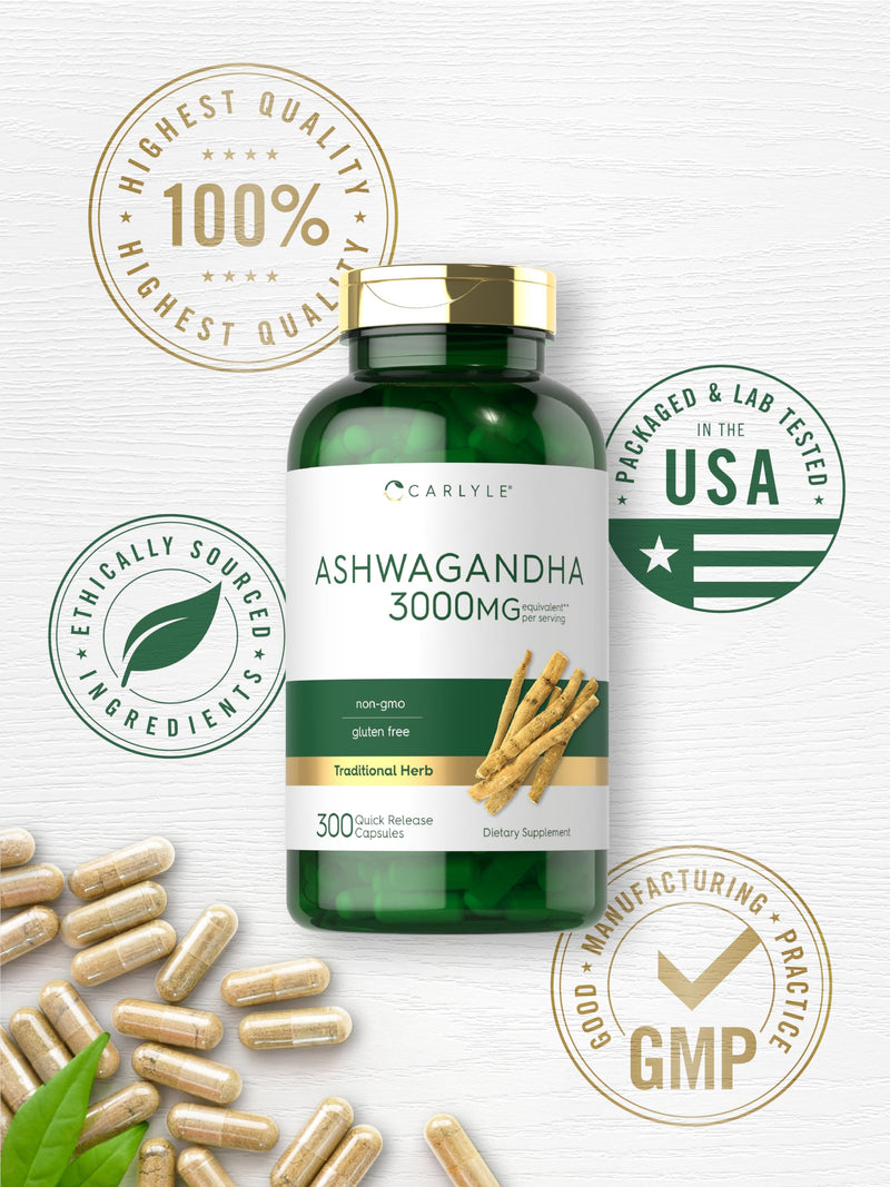 [Australia] - Carlyle Ashwagandha Supplement for Women and Men | 3000mg | 300 Capsules | Herb Root Extract with Black Pepper | Non-GMO and Gluten Free 300 Count (Pack of 1) 