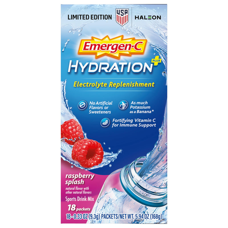 Emergen-C Hydration+ Vitamin C Sports Drink Mix, Raspberry, 18 Packets | Electrolytes for Hydration, 75% Less Sugar, Non-GMO, Vitamin C, Zinc and Manganese, Sports Formula 0.33 Ounce (Pack of 18)