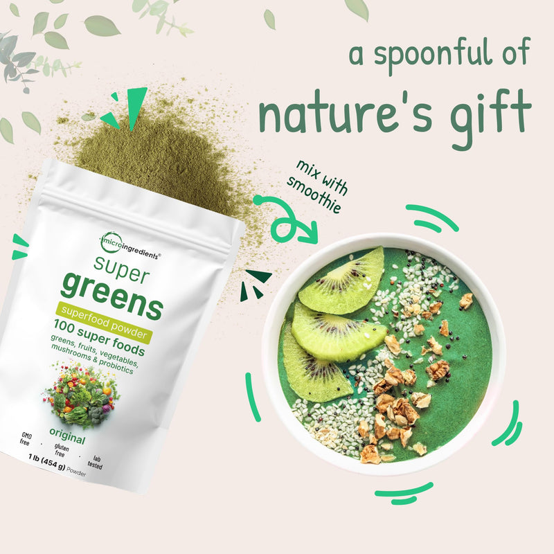 [Australia] - Micro Ingredients Super Greens Powder, 1lb | 100 Superfood Blend with Daily Greens, Fruits, Vegetables, Mushrooms & Probiotics | Source of Vegan Protein & Enzymes | Non-GMO, Gluten-Free, No Additives 