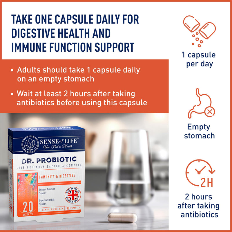 Sense of Life Dr. Probiotic Complex for Immunity & Digestive Support, 30 Capsules – 20 Billion CFU – Probiotics & Prebiotics - Supports Digestive Gut Health & Immune Function