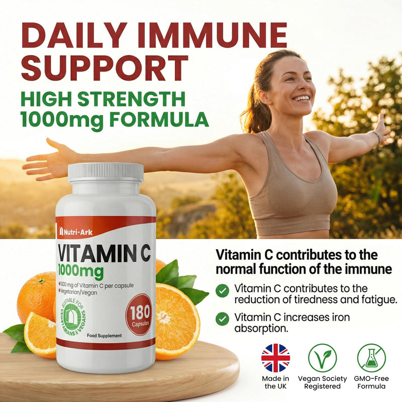 Vitamin C 1000mg | 180 Capsules (6 Month Supply) | High Strength Ascorbic Acid | Vegan & Vegetarian Friendly | Manufactured in the UK