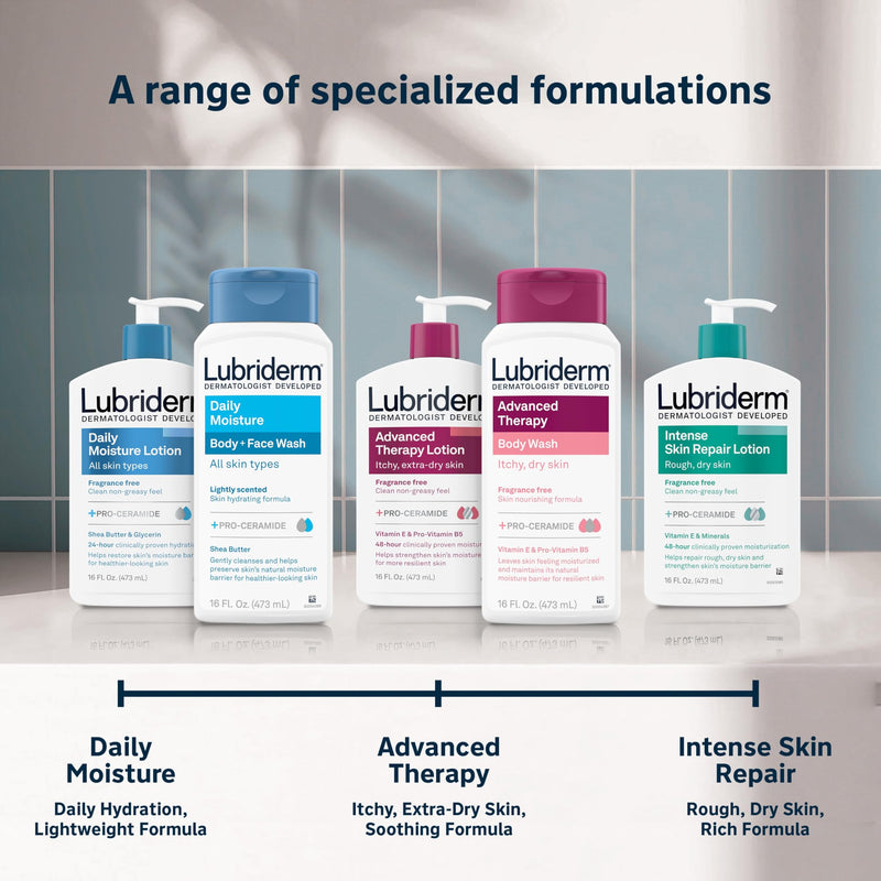 Lubriderm Advanced Therapy Unscented Body Wash, Vitamin E, 16 fl. Oz | Pro-Ceramide, Vitamin E & Pro-Vitamin B5, Gently Cleanses Itchy Dry Skin, Fragrance Free, Hypoallergenic Therapy Body Wash