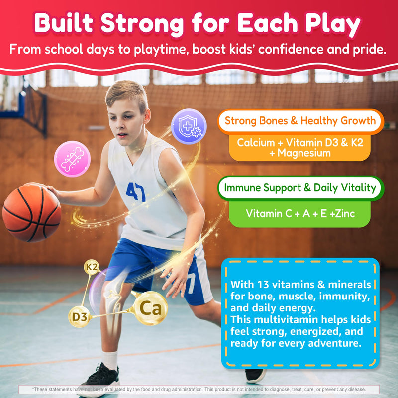 Kids Multivitamin Gummies + Omega 3(DHA/EPA), Methylated Multivitamin for Kids + Iron, Choline, Probiotic, Vitamins A C D3 K2 E, Methylfolate, B6, B12 for Growth, Immune, Bone, Brain, No Sugar, 60 Cts