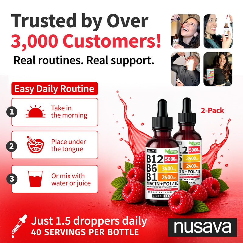 NUSAVA B12 Liquid Drops 5000mcg, Raspberry, Pack of 2 | Energy, Brain and Heart Support, Methylcobalamin B12 with B6, B1, Niacin and Folate, Sublingual Drops for Women and Men 2 Fl Oz (Pack of 2)