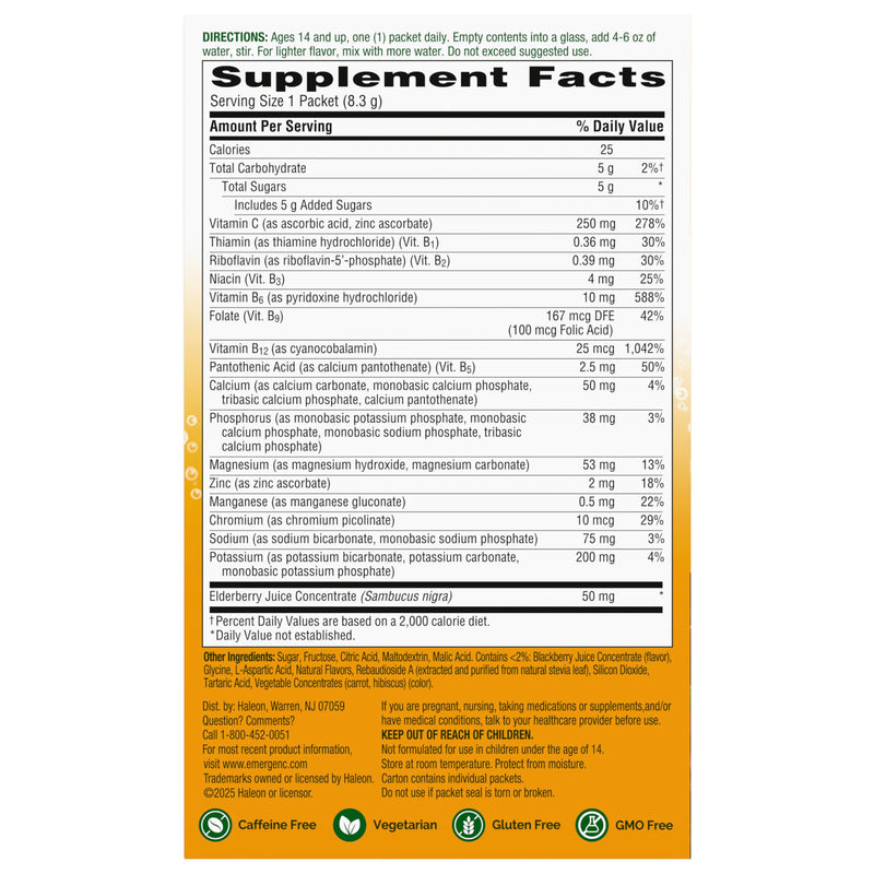 Emergen-C Elderberry Vitamin C Immune Support Powder, 18 Packets | High Potency Vitamin C, Zinc and Manganese, B Vitamins, Botanical, Gluten Free, Caffeine Free 5.2 Ounce (Pack of 1)