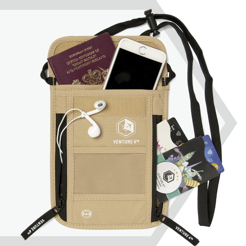 VENTURE 4TH Travel Essentials Bundle: RFID Blocking Neck Wallet & 2-in-1 Travel Blanket Pillow
