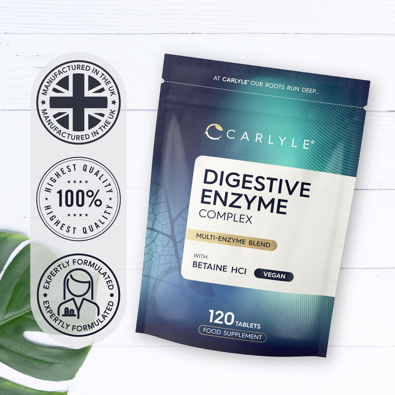 Digestive Enzyme Supplements with Betaine Hydrochloride | 120 Tablets | Complex with Lactase, Amylase & Lipase | Suitable for Vegetarians and Vegans | by Carlyle