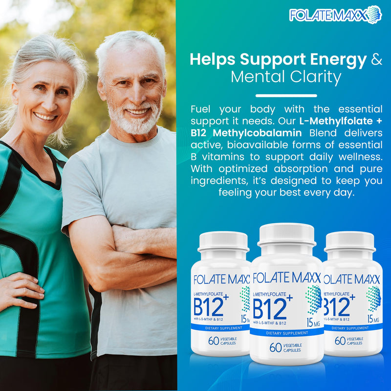 FolateMaxx L Methylfolate 15mg Plus B12 Methyl - 60 Capsules - 5-MTHF with B12 Methylcobalamin Supplement for Mood, Methylation and Cognition - Bioactive Forms of Vitamin B9 & B12-2 Month Supply