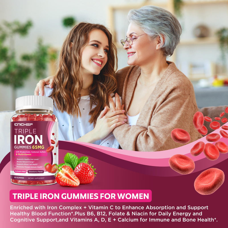 65mg Iron Gummies with Multivitamin, Iron Supplement for Women & Men with Calcium, Folate for Adults, Energy & Immune Health Support for Iron Deficiency, Sugar-Free, Strawberry Flavor, 60 Count 60 Count (Pack of 1)