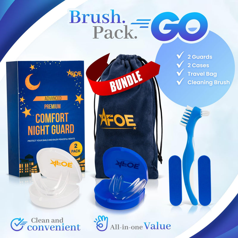 [Australia] - Bruxism Night Guard for Teeth Grinding & TMJ Relief, Premium Comfort Nose Breathing Oxygen Kit – 2-Pack (Clear & Blue), BPA & Latex-Free, Custom Dental Guards, Travel Cases & Brush – by AFOE 