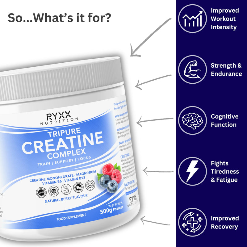 RYXX Tripure Creatine Complex 500g | 5g Creatine Monohydrate Powder with Magnesium, Vitamin B6 & B12 | Daily Performance, Muscle & Energy Support | Flavoured Creatine Powder