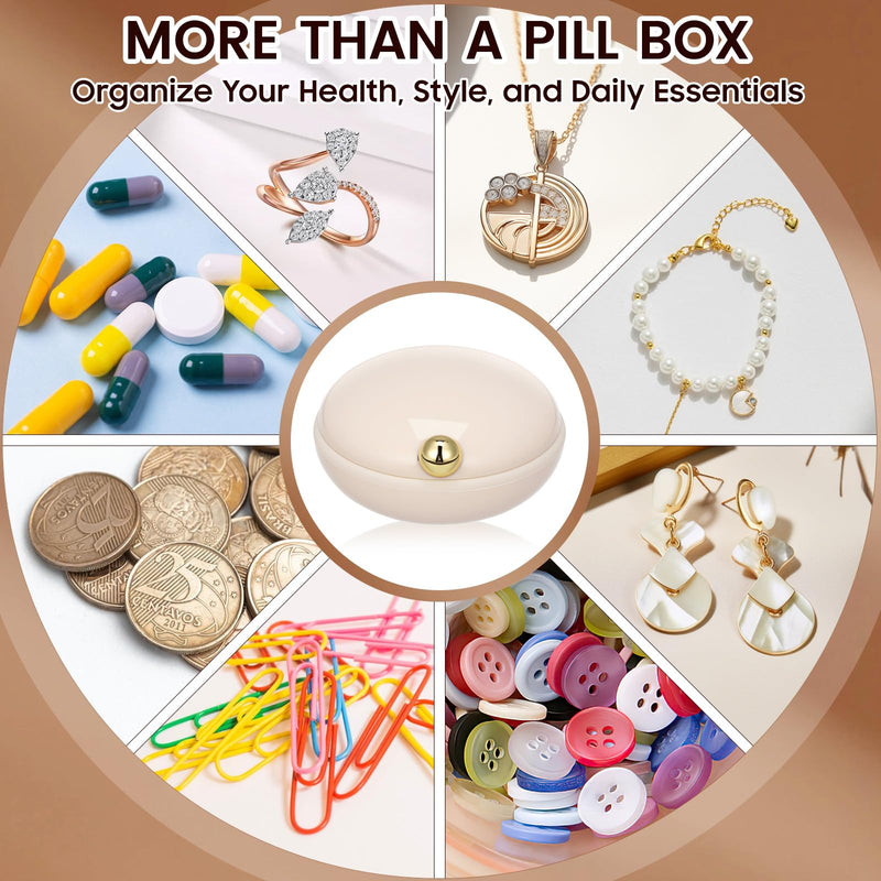 iplusmile Cute Pill Case with 4 Compartments for Purse and Travel (Beige) | Removable Divider Fits Tablets, Softgels, Vitamins & Fish Oil, ABS Case with Silicone Ring for Work, Commutes & Trips Beige
