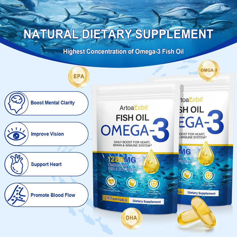 Fish Oil Omega 3 Supplements-1280 Mg Omega-3 Fatty Acid Supplements-650mg Epa + 450mg Dha Promotes Brain & Heart Health Essential Fatty Acids 240ct