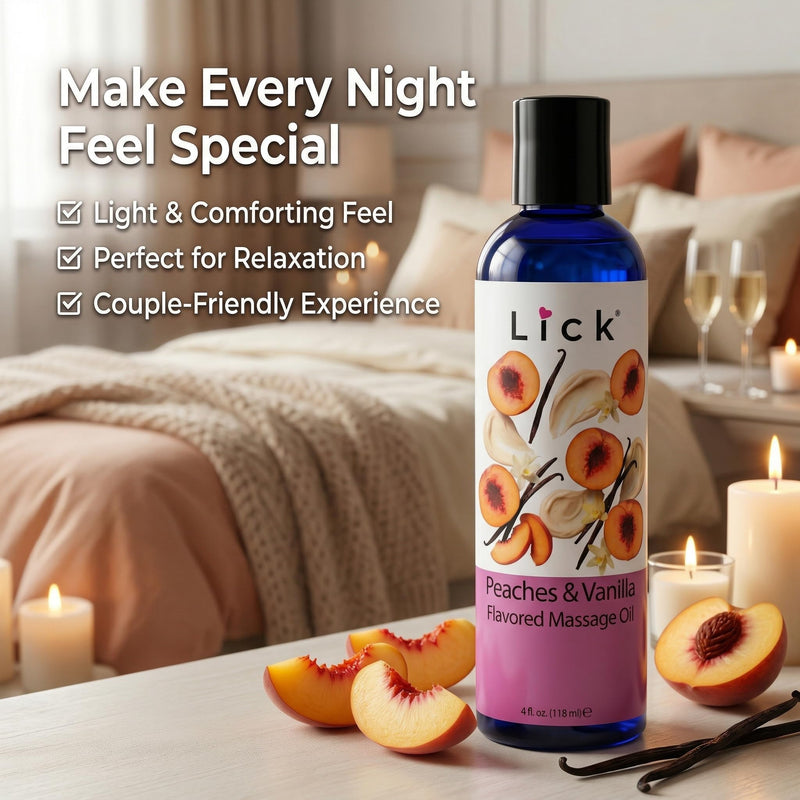 Peaches and Vanilla Flavored Massage Oil – Tropical Edible Massage Oil with Sweet Almond Oil & Vitamin E, Hydrating Body-Safe Formula for Relaxing Couples Massage, 4 oz
