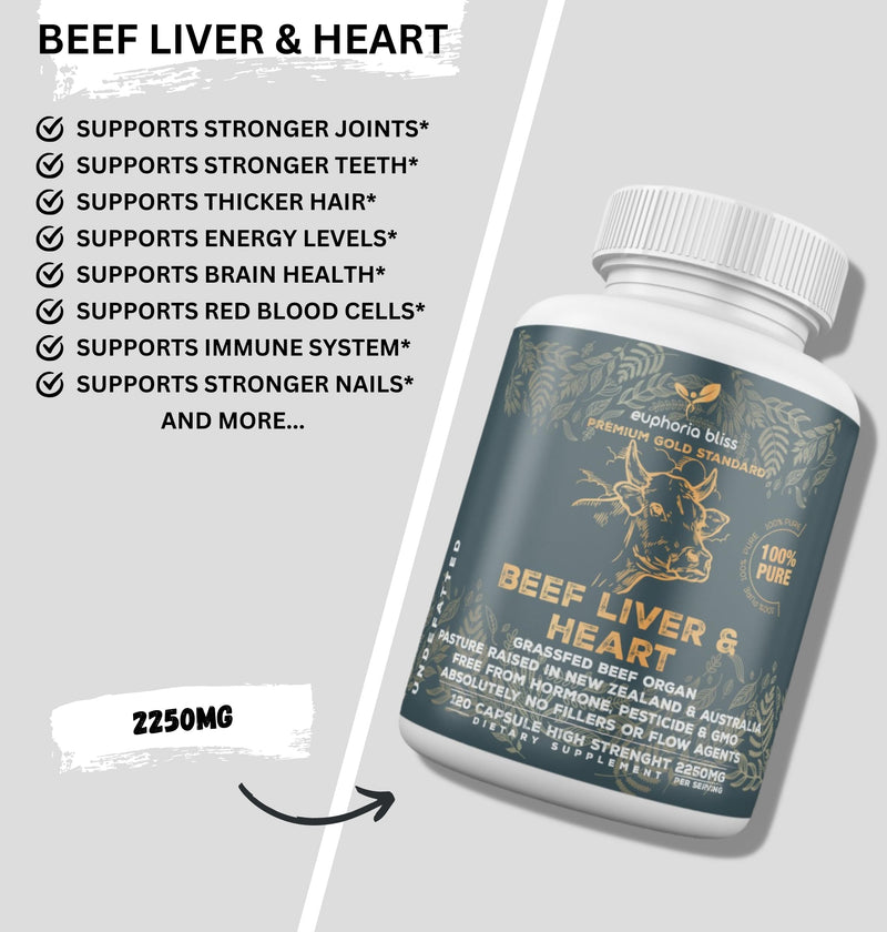 Grass Fed Desiccated Beef Liver & Heart Capsules 2250mg (120 Pills, 750mg Each) – CoQ10 - Energy - Digestion – Heart - Detoxification Non-GMO - Freeze Dried - Pasture Raised Undefatted in New Zealand