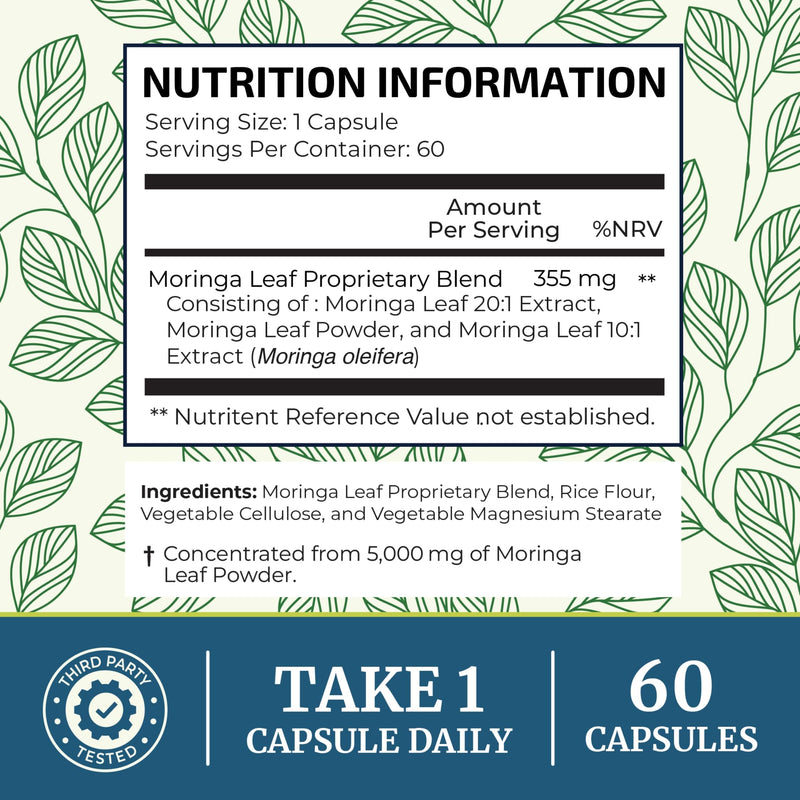 Moringa Capsules 5000mg | Potent Antioxidant Superfood | Non-GMO, Third-Party Tested Pure Moringa for Energy, Immunity & Gut Health Support | 100% Moringa Oleifera | Vegetarian & Gluten-Free | 60 Ct