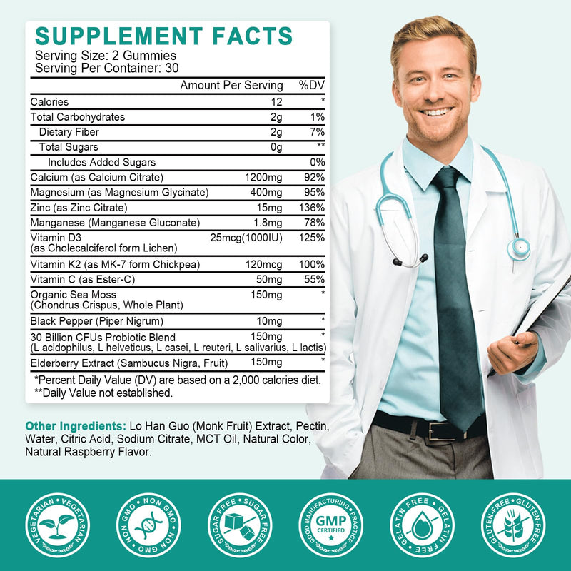 Calcium Citrate 1200mg with Vitamin D3 K2 Gummies Supplement for Women & Men, High Absorption for Bone & Muscle Health, Sugar-Free, Raspberry Flavor - 60 Day Supply 60 Count (Pack of 1)