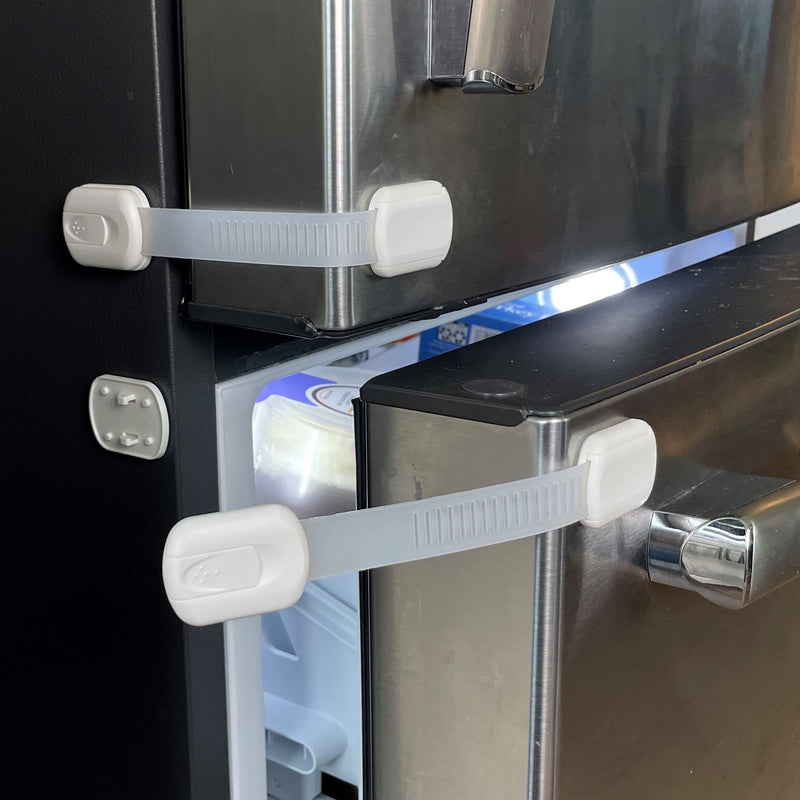 [Australia] - Vmaisi Baby Proofing Cabinet Locks - Childproofing Adjustable Multi Use Straps Latches for Drawers, Fridge, Dishwasher, Toilet Seat, Cupboard, Closet, Oven,Trash Can, Adhesive No Drilling (White) (4) 4 
