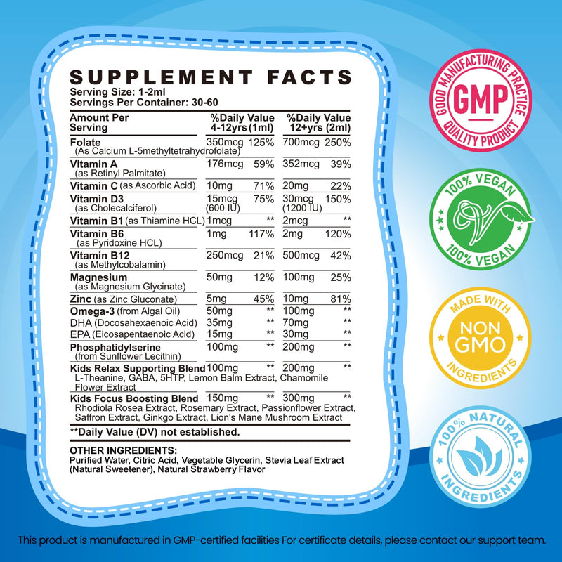Kids Focus and Attention Supplements with Phosphatidylserine, Omega-3, Magnesium Glycinate & L-Theanine, Brain Vitamins Liquid Drops for Kids Memory, Cognitive, Sleep, Calm & Mood, Strawberry, 2 Fl Oz 2 Fl Oz (Pack of 1)