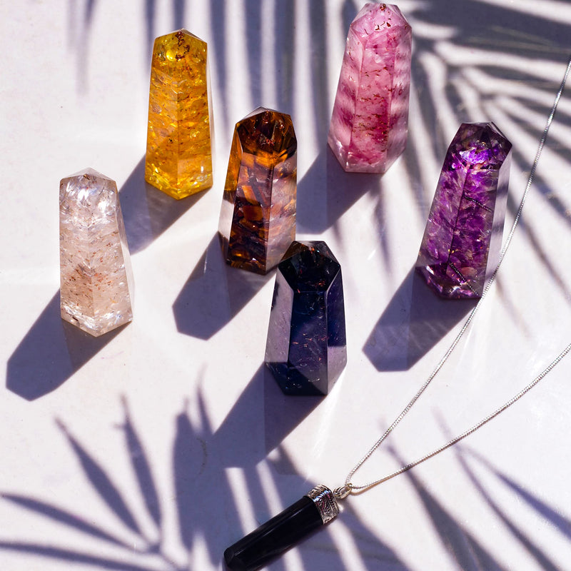 [Australia] - Healing Crystal Wand Set of 6 Orgonite – Includes 3” Amethyst Crystal, Tigers Eye, Rose Quartz, Black Tourmaline Stone, Citrine and Clear Quartz Orgone Crystal Plus Black Tourmaline Necklace 