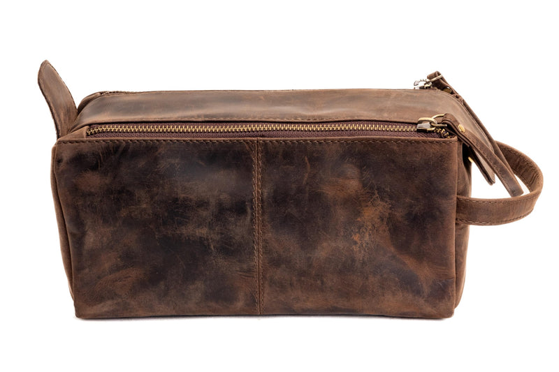 Full Grain Leather Toiletry Bag for Men & Women – Water-Resistant Travel Shaving Kit Organizer with YKK Zipper, Spacious Bathroom Grooming & Cosmetic Storage Case, Dark Brown 1