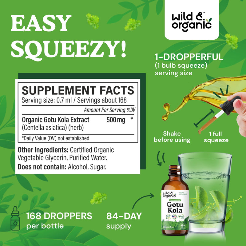 [Australia] - Wild & Organic Gotu Kola Extract Drops - Brain Support with Centella Asiatica Extract - Liquid Gotu Kola Supplement for Focus - Vegan, Sugar & Alcohol-Free Herb Tincture - 4 fl oz 4 Fl Oz (Pack of 1) 