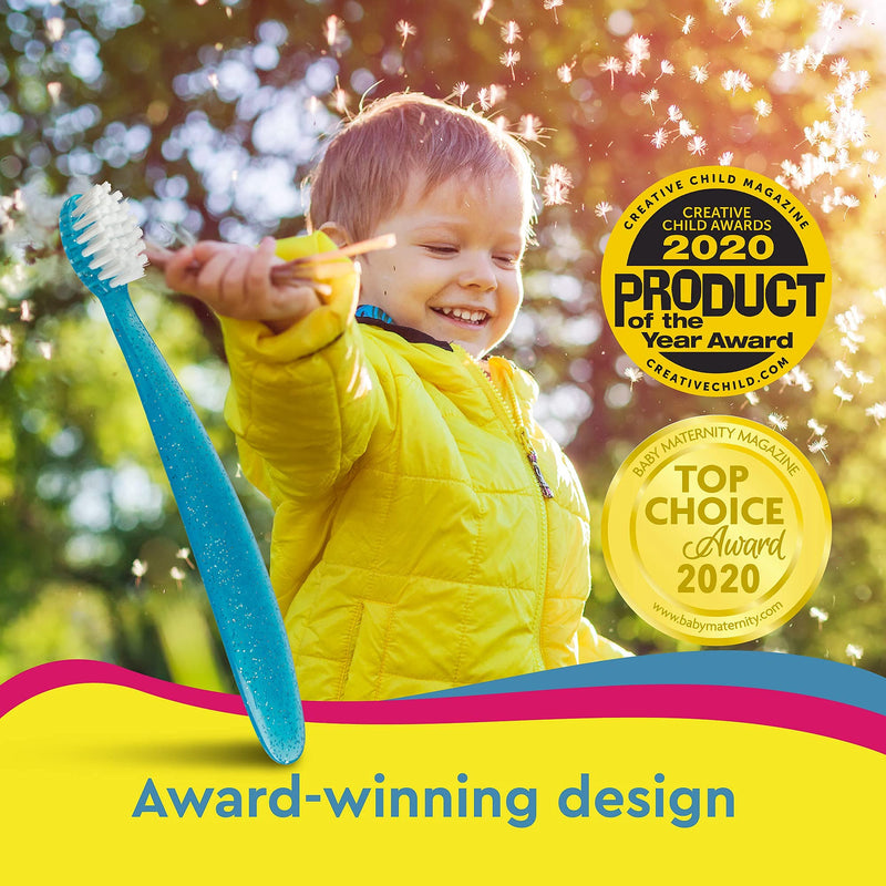 [Australia] - RADIUS Children's Toothbrush, Totz Brush, Extra Soft Bristles, Blue/Coral/Yellow, BPA Free & ADA Accepted, Designed for Delicate Teeth & Gums for Children 18 Months & Up, Pack of 3 3 Count (Pack of 1) 