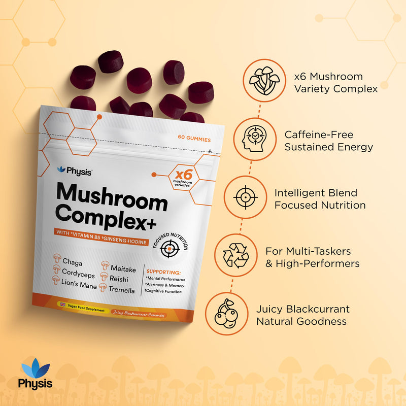 Physis Mushroom Gummies +Vitamin Complex | Attention On Mushroom Blend | Alertness Cognition Memory | Lions Mane Cordyceps Reishi Maitake Tremella Ginseng Iodine Vit B5 | 60 x Vegan Juicy Blackcurrant