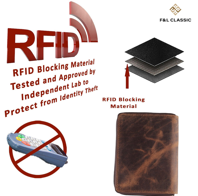 Passport Wallet - Travel Document Holder w/RFID Blocking – Full Grain Leather – Bifold compact zip around Wallet with Credit Card Slots for Women and Men,distressed brown,500-30 distressed brown Solid