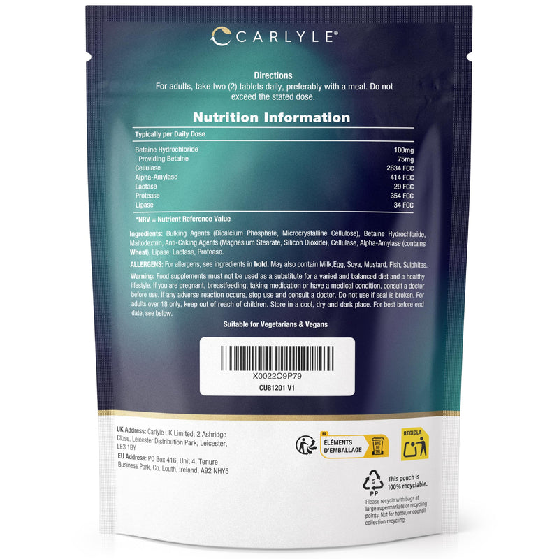 Digestive Enzyme Supplements with Betaine Hydrochloride | 120 Tablets | Complex with Lactase, Amylase & Lipase | Suitable for Vegetarians and Vegans | by Carlyle