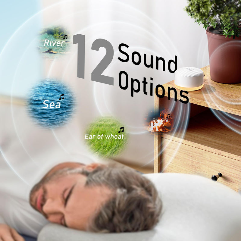 [Australia] - Portable Sound Machine & Night Light, White Noise Sound Machine for Baby & Adults with 12 Selected Sounds - Rechargeable, Memory Function, Timer - Sleep Soother, Home & Travel, White Middle 