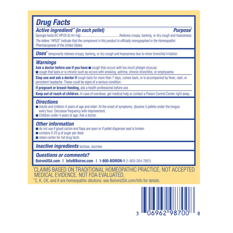 [Australia] - Boiron Spongia Tosta 6C Homeopathic Medicine for Dry Cough, Croupy, Barking, or Hoarseness - 3 Count (240 Pellets) 