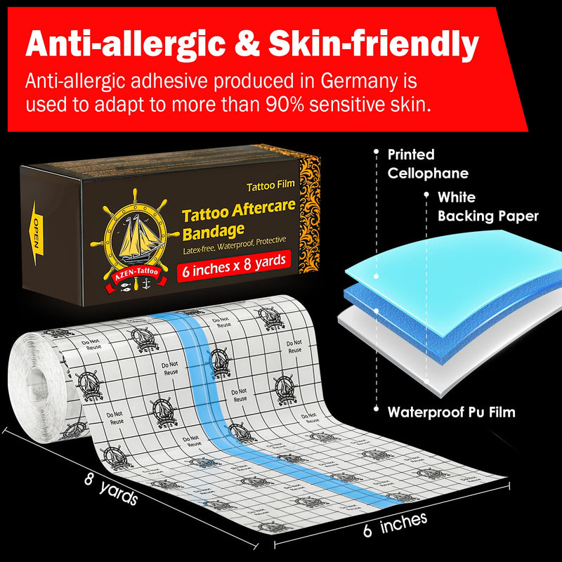 [Australia] - AZEN Tattoo Aftercare Bandage, 6"x 8 Yard, Tattoo Waterproof Bandage, Second Skin Tattoo Cover up Tape, Tattoo Healing Wrap, Tattoo Wrap, Tattoo Tape, Tattoo Supplies B-6"x8y 