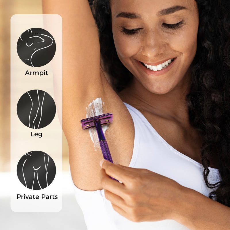 [Australia] - Double Sided Safety Razor for Men and Women with 5 Blades, Eco-Friendly Razor, Metal Razor with Exquisite Handle (Purple) Purple Razor 