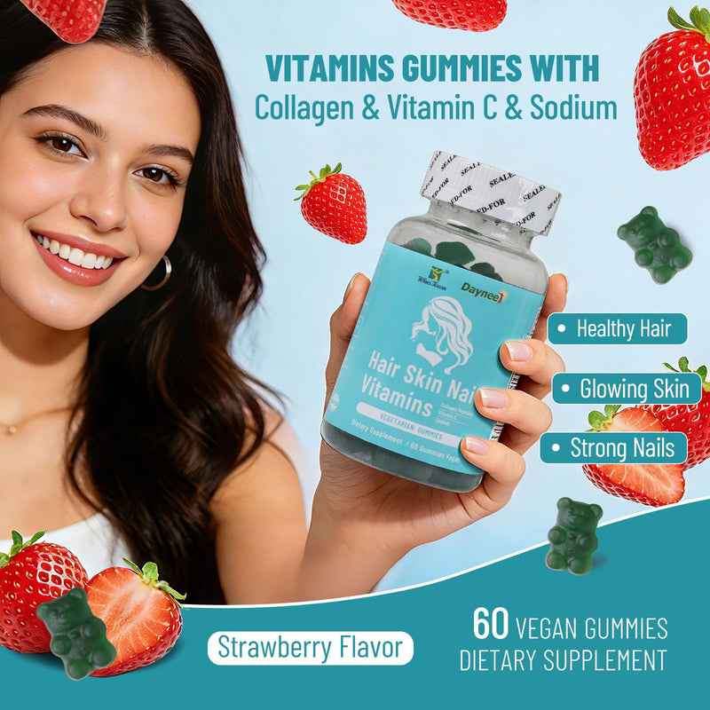 Hair Skin Nails Vitamins Gummies, 60 Ct | Vegan, Strawberry Flavor, for All Ethnicities & Types, Men & Women