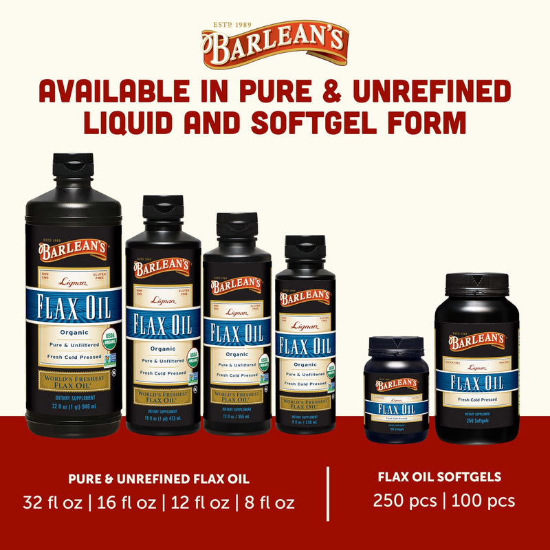 Barlean's Lignan Flaxseed Oil Softgels, Cold-Pressed Flax Seed Supplement with 1,550 mg ALA Omega-3 Fatty Acids for Joint & Heart Health, 1000mg, 250 ct | Cold-pressed flax seed oil, High-lignan ALA omega 3-6-9, Non-GMO, Gluten-free, 250-count value si...