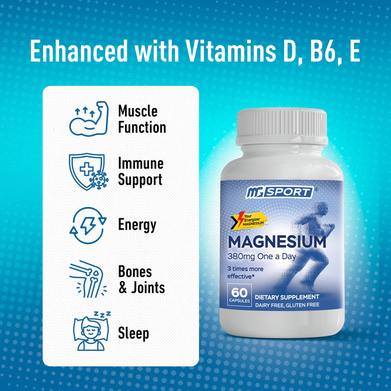 Magnesium Supplement Complex MGSPORT - High Absorption with Vitamins B6, D, E - Relieves Leg Cramps, Muscle Support & tensed Muscles 100 Servings 100 count (Pack of 1)
