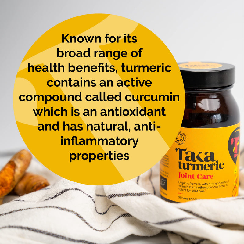 Taka Turmeric, 90 Caps Organic Joint Care Supplements with Turmeric Black Pepper Extract Vitamin D & Ginger, Organic Turmeric Ginger and Black Pepper Capsules, Vegan, Recyclable Packaging