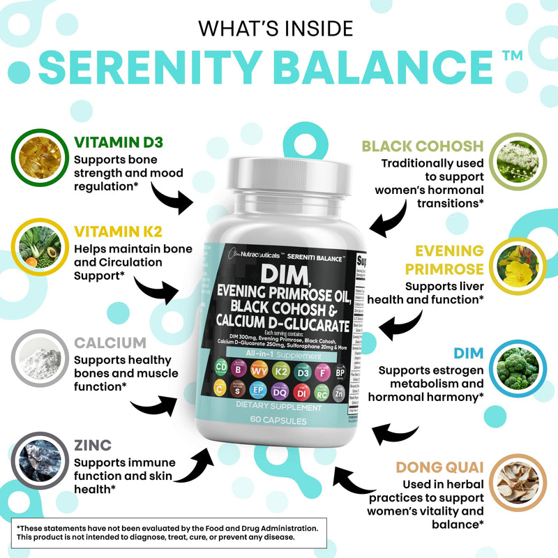 [Australia] - Clean Nutraceuticals DIM Evening Primrose Black Cohosh Calcium D-Glucarate Sulforaphane Flax Seed Extract - Hormonal Support Vitamins for Women with Dong Quai - 60 Caps 