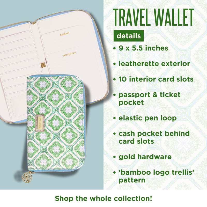 Lilly Pulitzer Leatherette Travel Wallet for Women, Passport Holder with ID Window, Card Slots and Interior Pockets (Bamboo Logo Trellis)