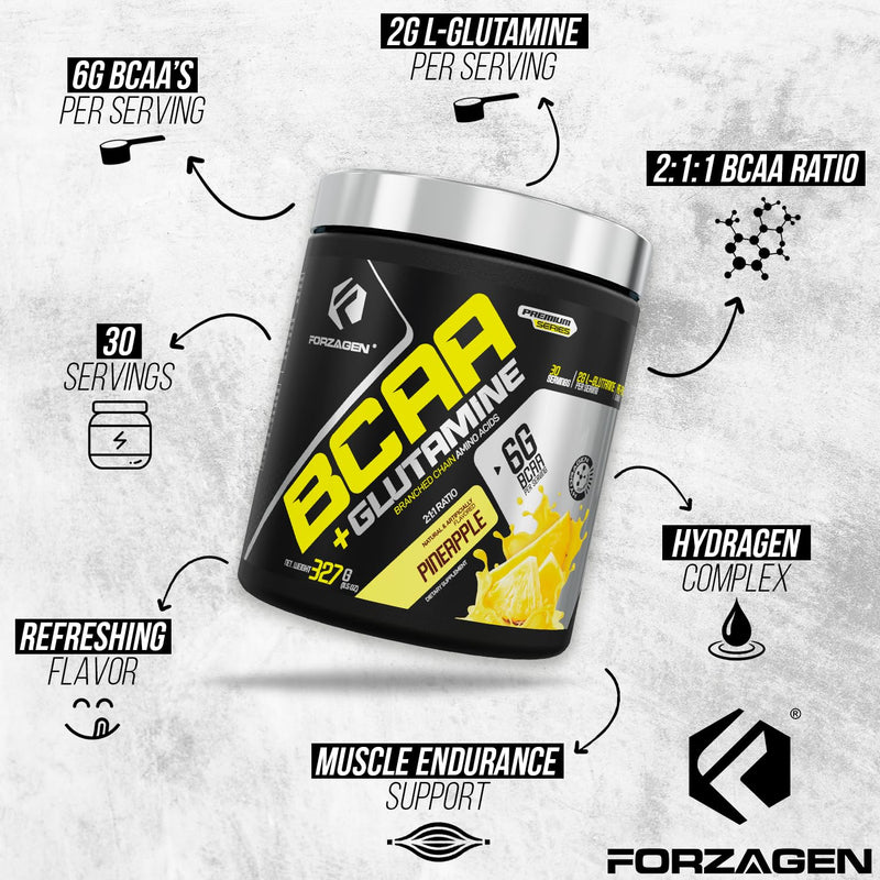 [Australia] - Forzagen BCAAS Amino Acids Powder with Glutamine BCAA Powder, Branched Chain Amino Acids Supplements Powder, BCAA Lean Energy Pre Workout - Post Workout Muscle Recovery Powder, 30 Servings Pineapple 
